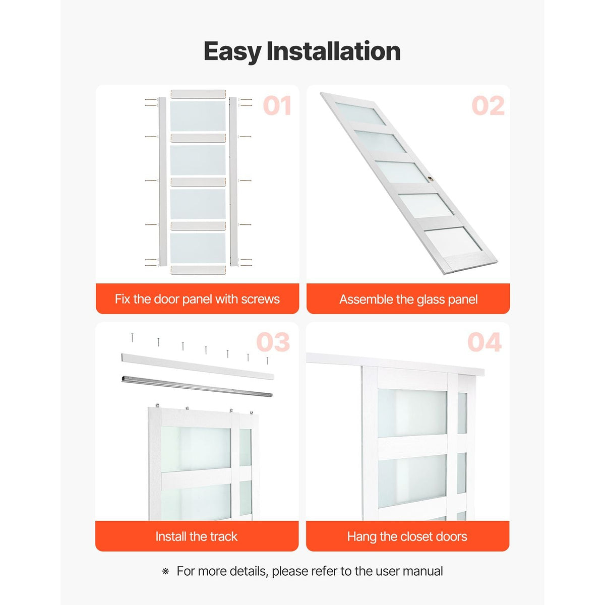 Sliding Closet Door, 48" (Double 25") x 80", 5-Lite Frosted Glass Bypass Sliding Doors with Hardware Kit & Floor Guide, Solid Wood & MDF Slab with Waterproof PVC Surface for Closets Bedrooms