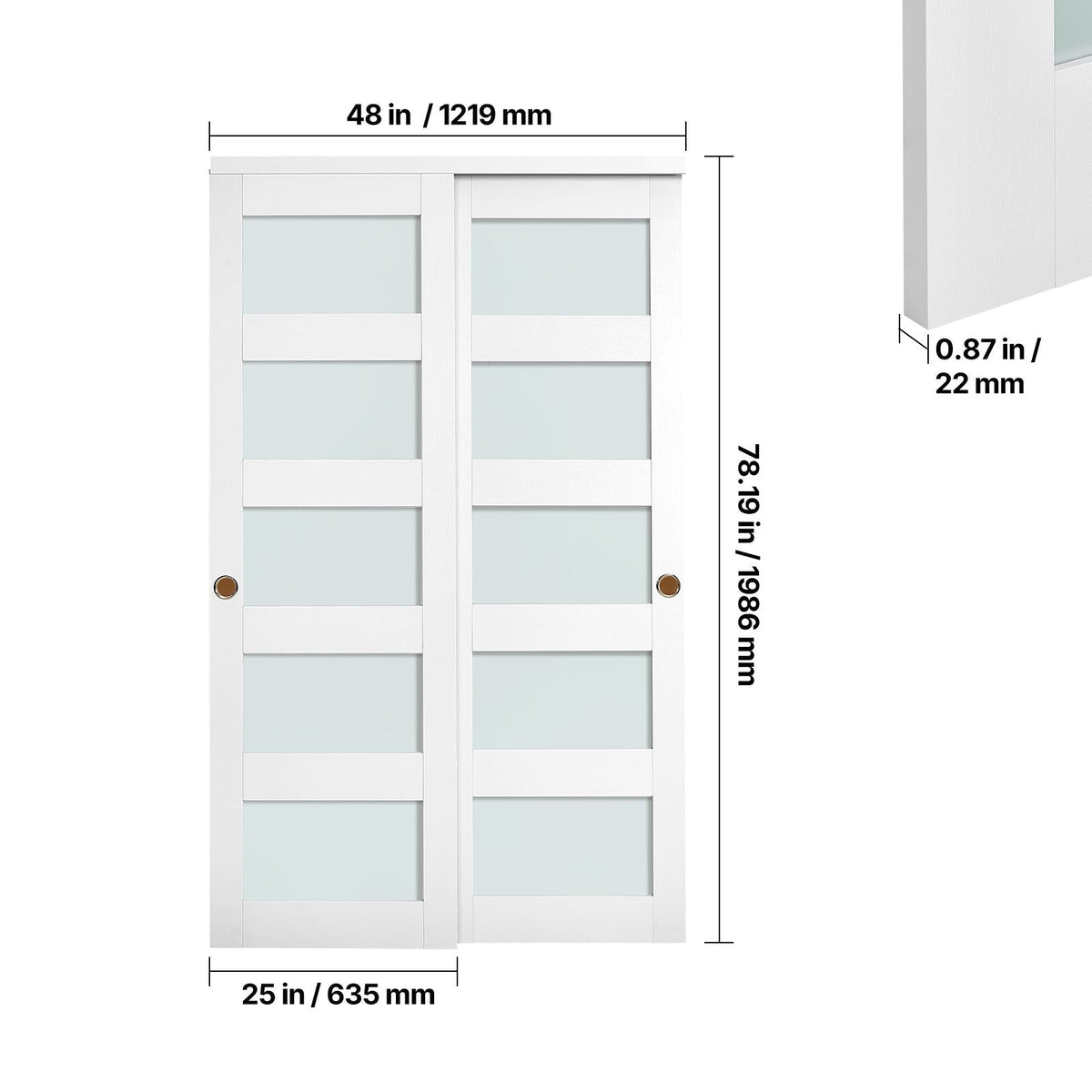 Sliding Closet Door, 48" (Double 25") x 80", 5-Lite Frosted Glass Bypass Sliding Doors with Hardware Kit & Floor Guide, Solid Wood & MDF Slab with Waterproof PVC Surface for Closets Bedrooms