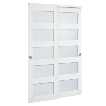 Sliding Closet Door, 48" (Double 25") x 80", 5-Lite Frosted Glass Bypass Sliding Doors with Hardware Kit & Floor Guide, Solid Wood & MDF Slab with Waterproof PVC Surface for Closets Bedrooms
