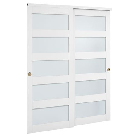 Sliding Closet Door, 60" (Double 31") x 80", 5-Lite Frosted Glass Bypass Sliding Doors with Hardware Kit & Floor Guide, Solid Wood & MDF Slab with Water-Proof PVC Surface for Closets Bedrooms