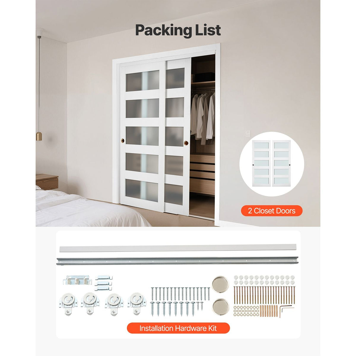 Sliding Closet Door, 60" (Double 31") x 80", 5-Lite Frosted Glass Bypass Sliding Doors with Hardware Kit & Floor Guide, Solid Wood & MDF Slab with Water-Proof PVC Surface for Closets Bedrooms