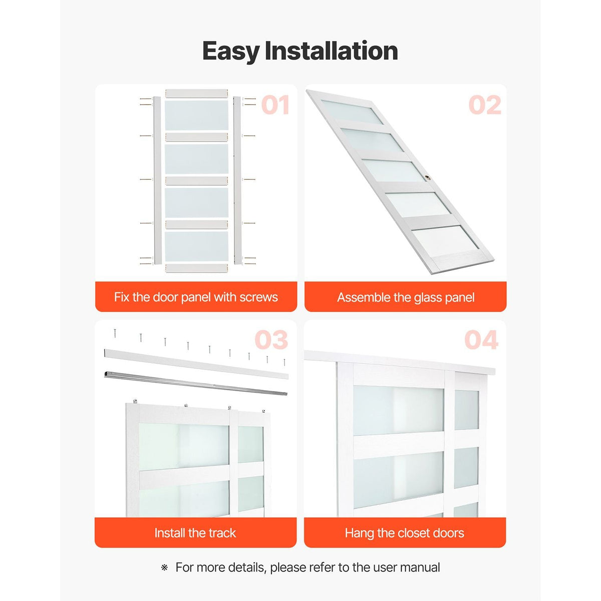 Sliding Closet Door, 60" (Double 31") x 80", 5-Lite Frosted Glass Bypass Sliding Doors with Hardware Kit & Floor Guide, Solid Wood & MDF Slab with Water-Proof PVC Surface for Closets Bedrooms