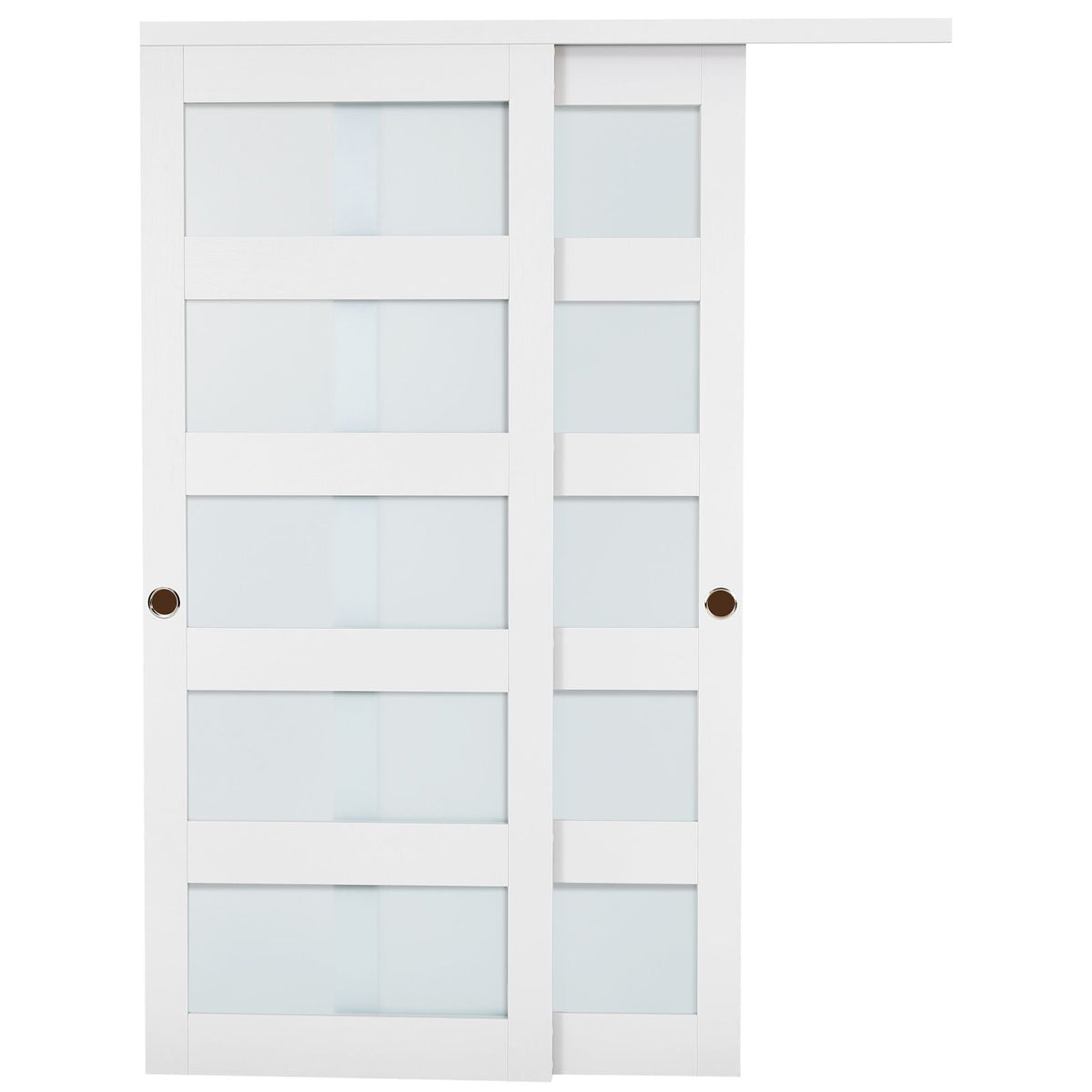 Sliding Closet Door, 60" (Double 31") x 80", 5-Lite Frosted Glass Bypass Sliding Doors with Hardware Kit & Floor Guide, Solid Wood & MDF Slab with Water-Proof PVC Surface for Closets Bedrooms