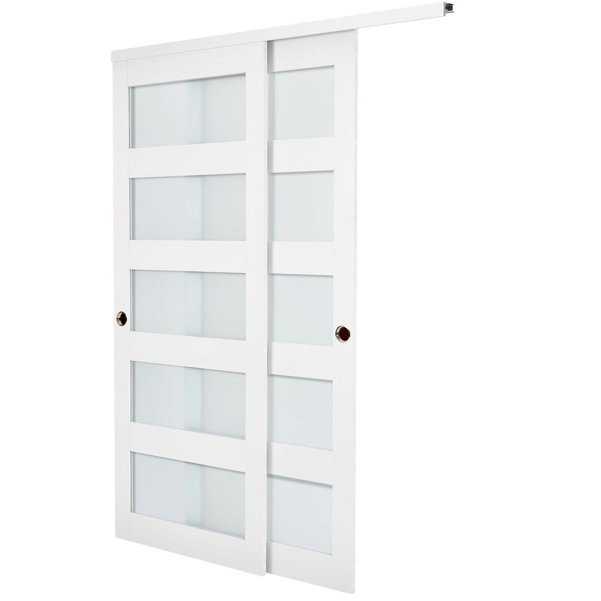 Sliding Closet Door, 60" (Double 31") x 80", 5-Lite Frosted Glass Bypass Sliding Doors with Hardware Kit & Floor Guide, Solid Wood & MDF Slab with Water-Proof PVC Surface for Closets Bedrooms