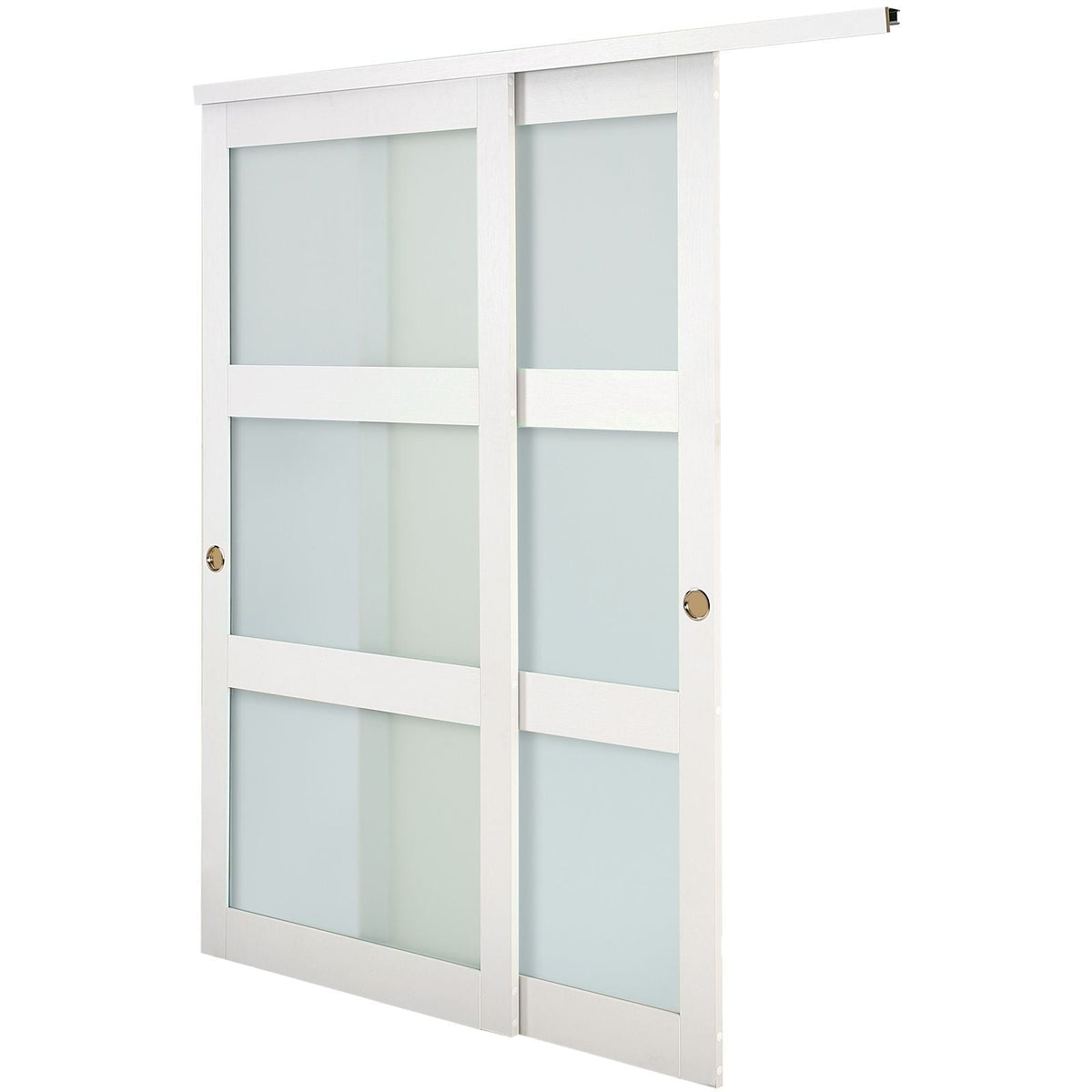 Sliding Closet Door, 72" (Double 37") x 80", 3-Lite Frosted Glass Bypass Sliding Doors with Hardware Kit & Floor Guide, Solid Wood & MDF Slab with Water-Proof PVC Surface for Closets Bedrooms