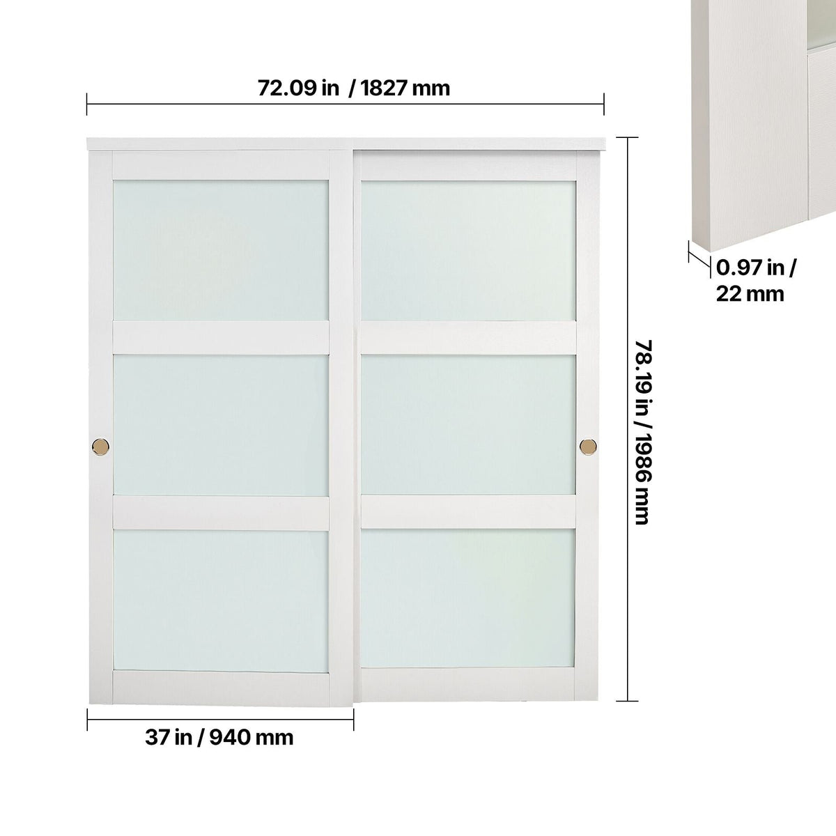 Sliding Closet Door, 72" (Double 37") x 80", 3-Lite Frosted Glass Bypass Sliding Doors with Hardware Kit & Floor Guide, Solid Wood & MDF Slab with Water-Proof PVC Surface for Closets Bedrooms