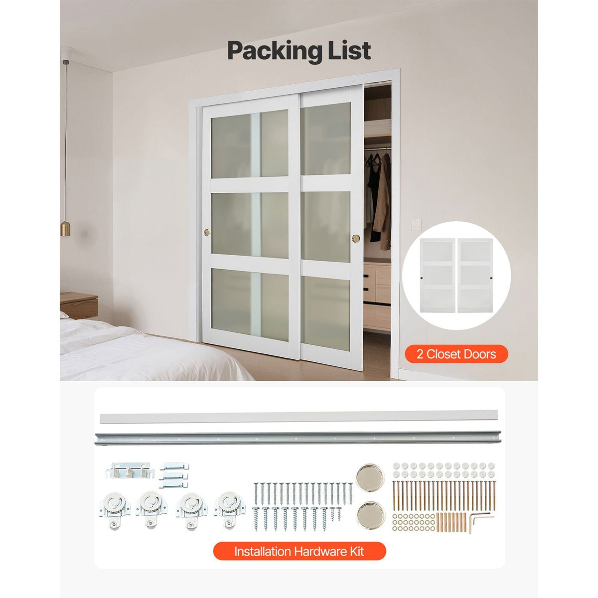 Sliding Closet Door, 72" (Double 37") x 80", 3-Lite Frosted Glass Bypass Sliding Doors with Hardware Kit & Floor Guide, Solid Wood & MDF Slab with Water-Proof PVC Surface for Closets Bedrooms
