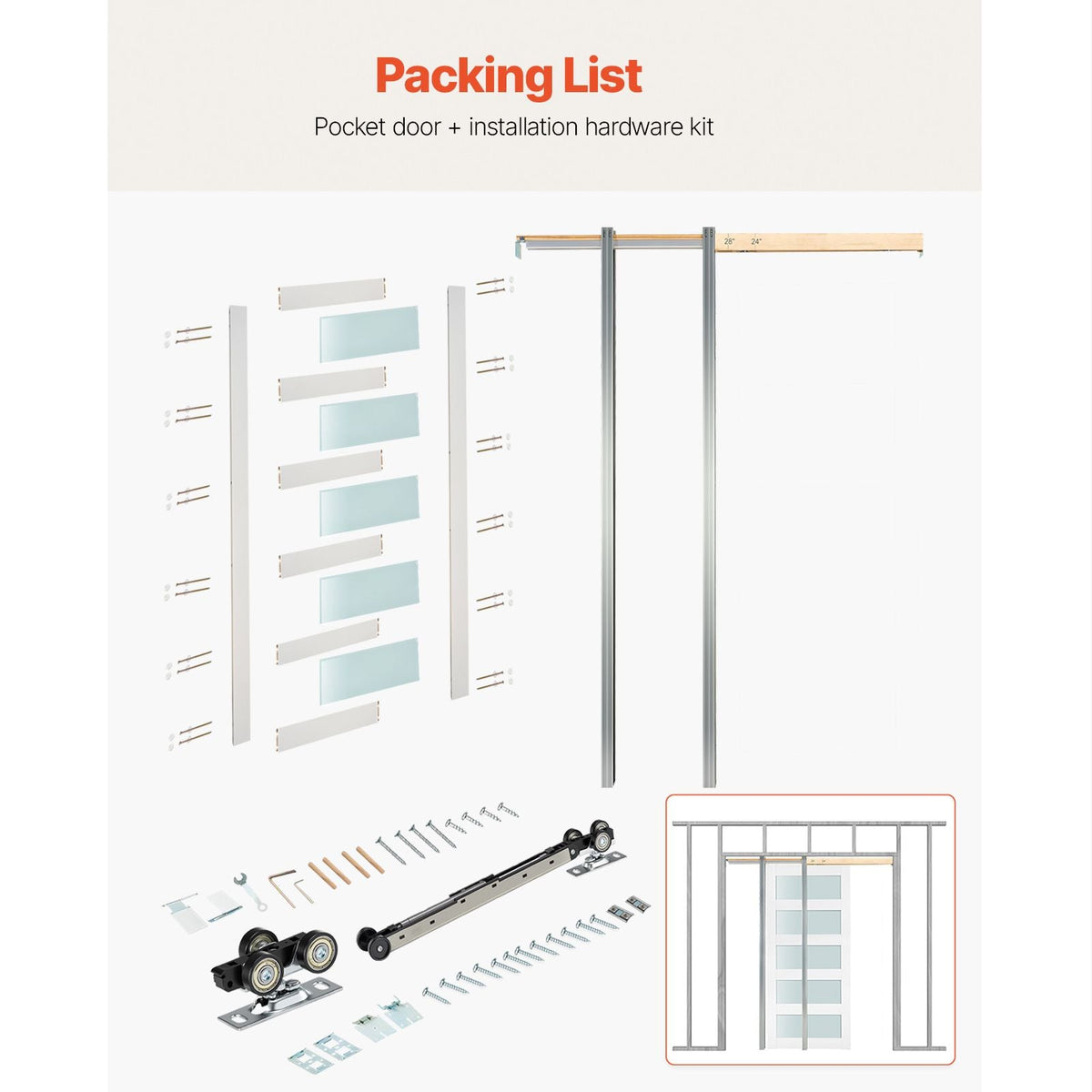 Sliding Pocket Door, 36" x 80", 5-Lite Frosted Glass Single Sliding Door with Hardware Kit, Sturdy Solid Wood & MDF Pocket Doors Slab with Waterproof Surface for Bedroom Kitchen Study Room