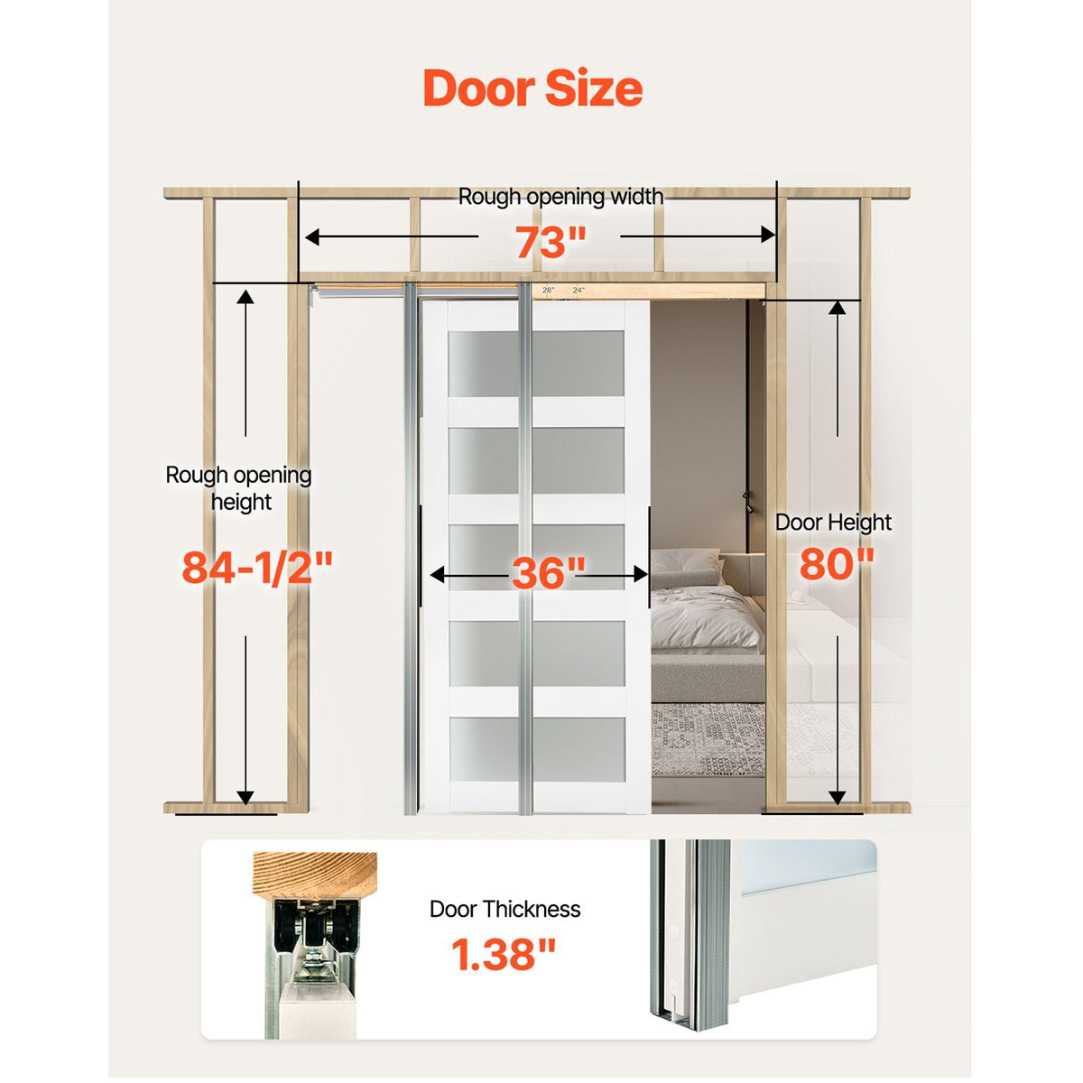 Sliding Pocket Door, 36" x 80", 5-Lite Frosted Glass Single Sliding Door with Hardware Kit, Sturdy Solid Wood & MDF Pocket Doors Slab with Waterproof Surface for Bedroom Kitchen Study Room