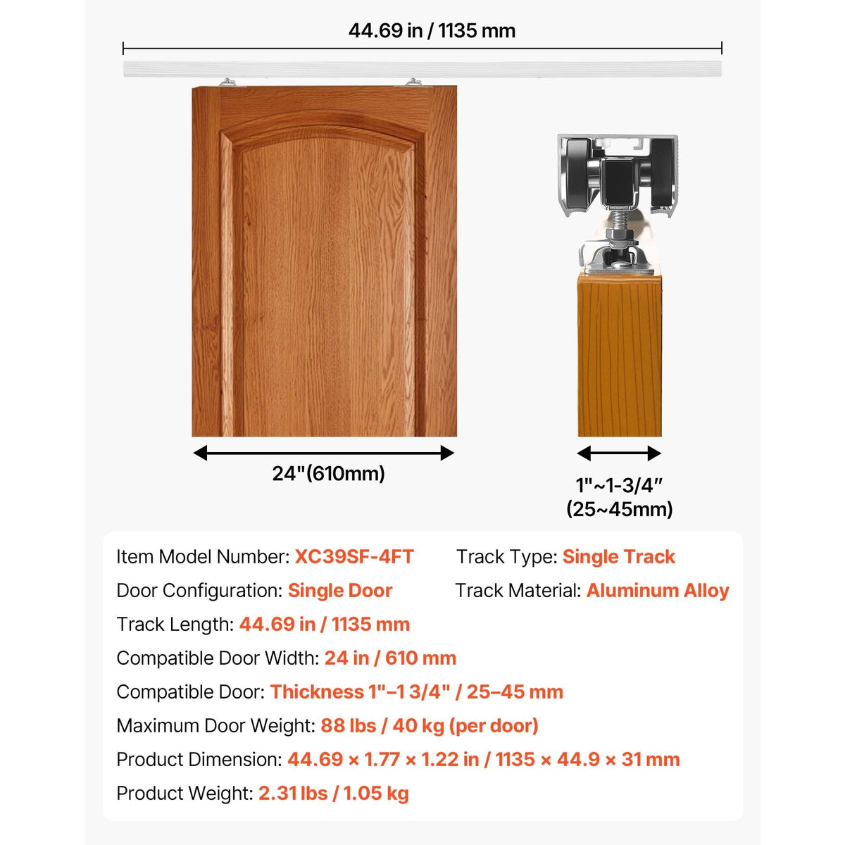 Sliding Pocket Door Hardware Track Kit, 44.69" Pocket Door Track Kit with Soft Close Mechanism for Smooth and Quiet Sliding, Easy to Install, for 1" to 1 3/4" Thickness 24" Width Single Door