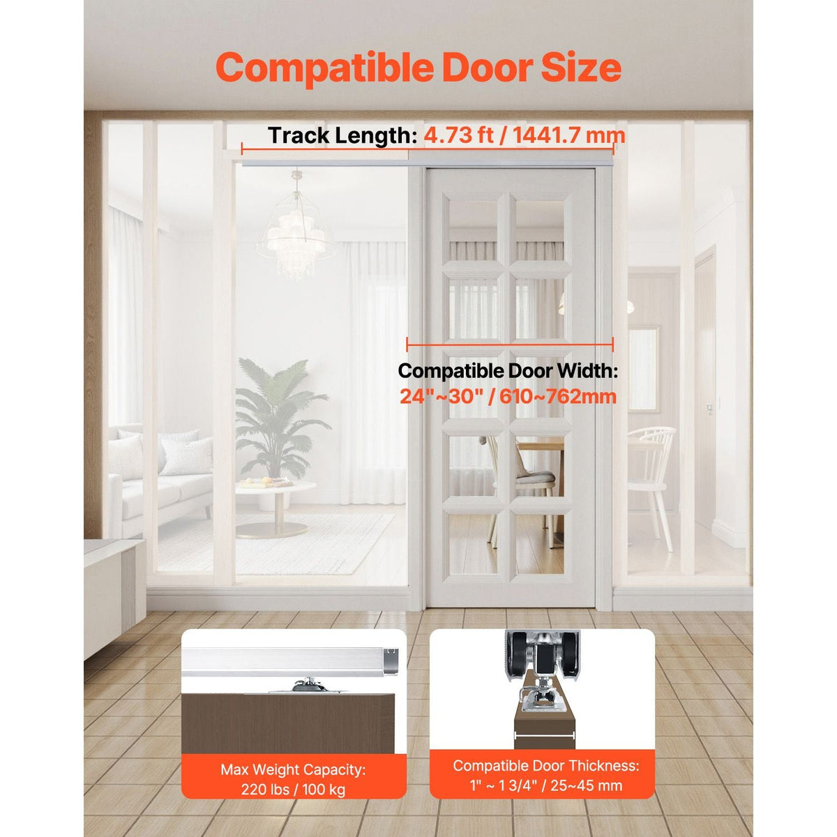 Sliding Pocket Door Hardware Track Kit, 4.73 ft Heavy Duty Pocket Door Hardware Kit, Commercial Grade Pocket Door Hardware and Track Set for 24"-30" Wide Single Door