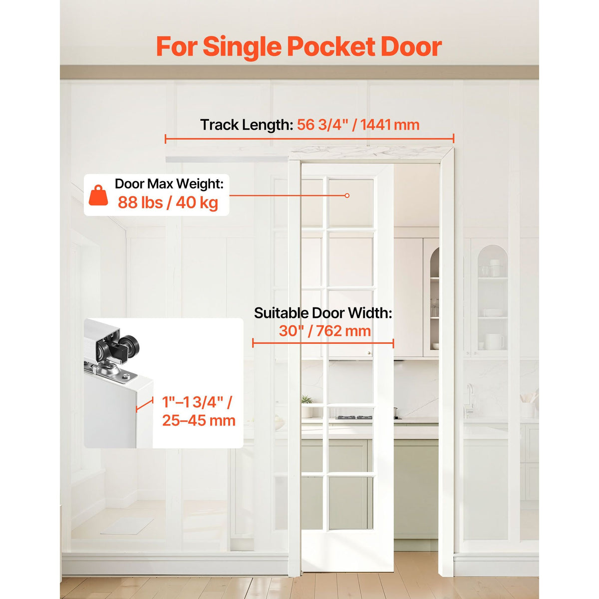 Sliding Pocket Door Hardware Track Kit, 56.73" Pocket Door Track Kit with Soft Close Mechanism for Smooth and Quiet Sliding, Easy to Install, for 1" to 1 3/4" Thickness 30" Width Single Door