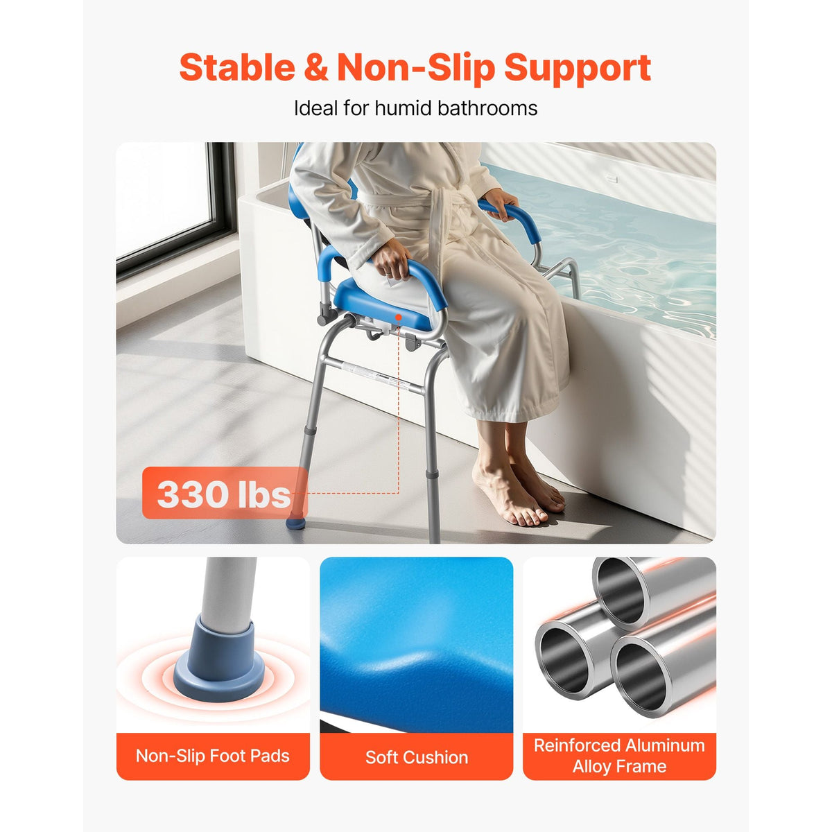 Sliding Shower Chair, 330 lbs Tub Transfer Bench for Bathtub with Swivel Seat, Padded Shower Bench with Pivoting Arms and Backrest, Height Adjustable for Handicap, Seniors, Elderly and Disabled