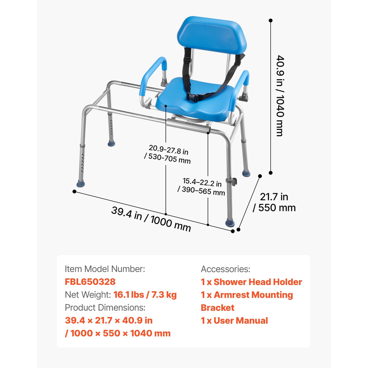 Sliding Shower Chair, 330 lbs Tub Transfer Bench for Bathtub with Swivel Seat, Padded Shower Bench with Pivoting Arms and Backrest, Height Adjustable for Handicap, Seniors, Elderly and Disabled