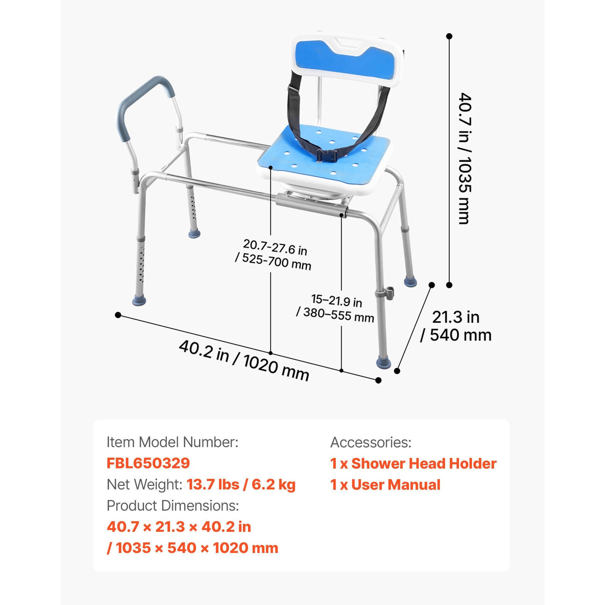 Sliding Shower Chair, 400 lbs Tub Transfer Bench for Bathtub with Swivel Seat, Padded Shower Bench with Arms and Backrest, Height Adjustable for Handicap, Adults, Seniors, Elderly and Disabled