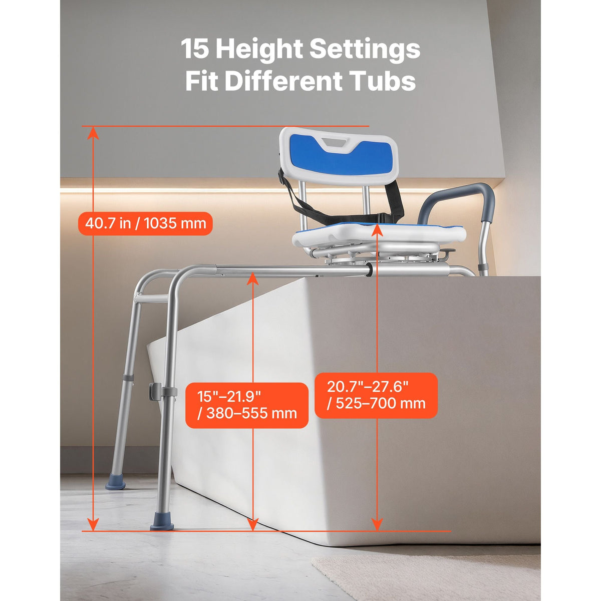 Sliding Shower Chair, 400 lbs Tub Transfer Bench for Bathtub with Swivel Seat, Padded Shower Bench with Arms and Backrest, Height Adjustable for Handicap, Adults, Seniors, Elderly and Disabled