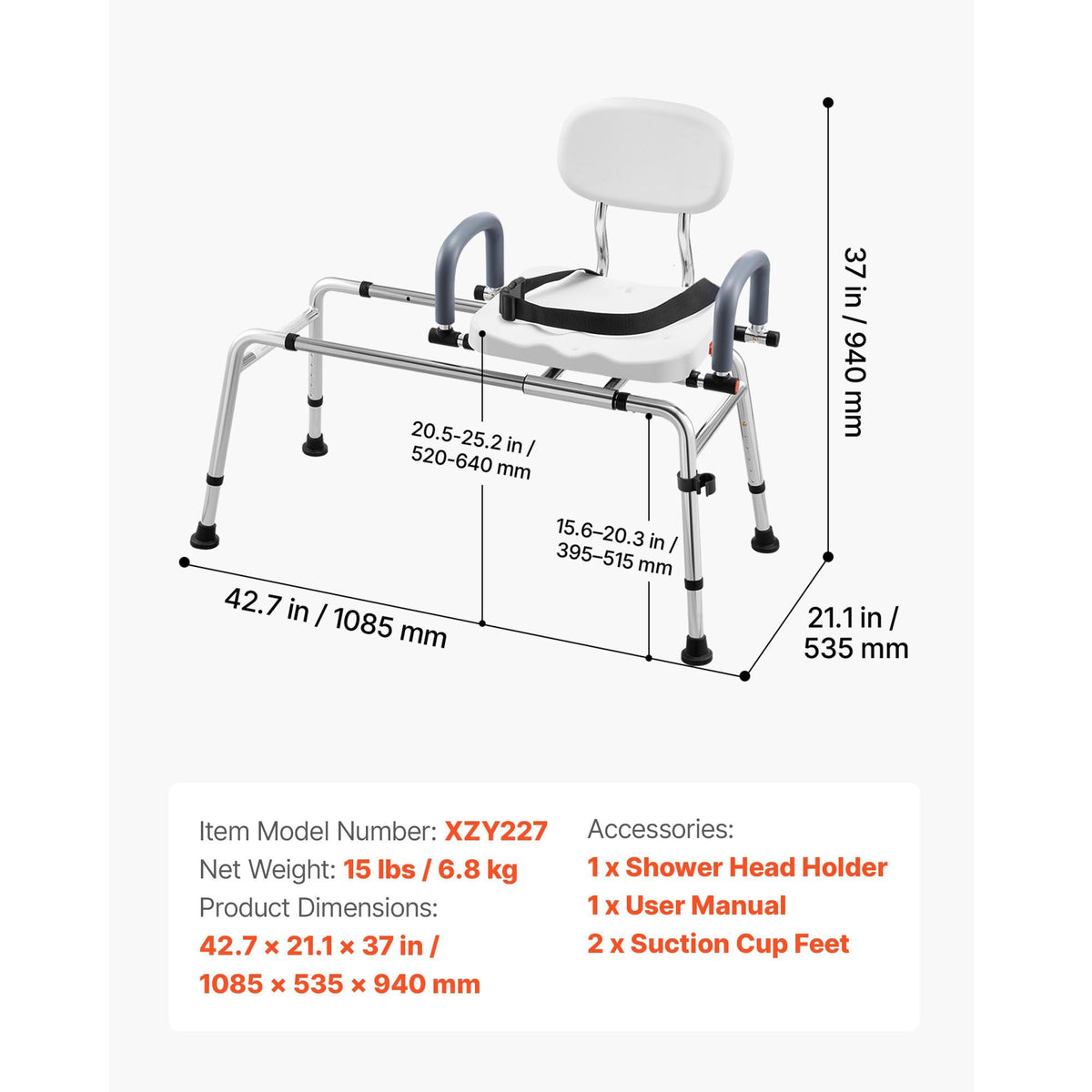 Sliding Shower Chair, 400 lbs Tub Transfer Bench for Bathtub with Swivel Seat, Shower Bench with Pivoting Arms and Backrest, Height & Width Adjustable for Handicap, Seniors, Elderly and Disabled