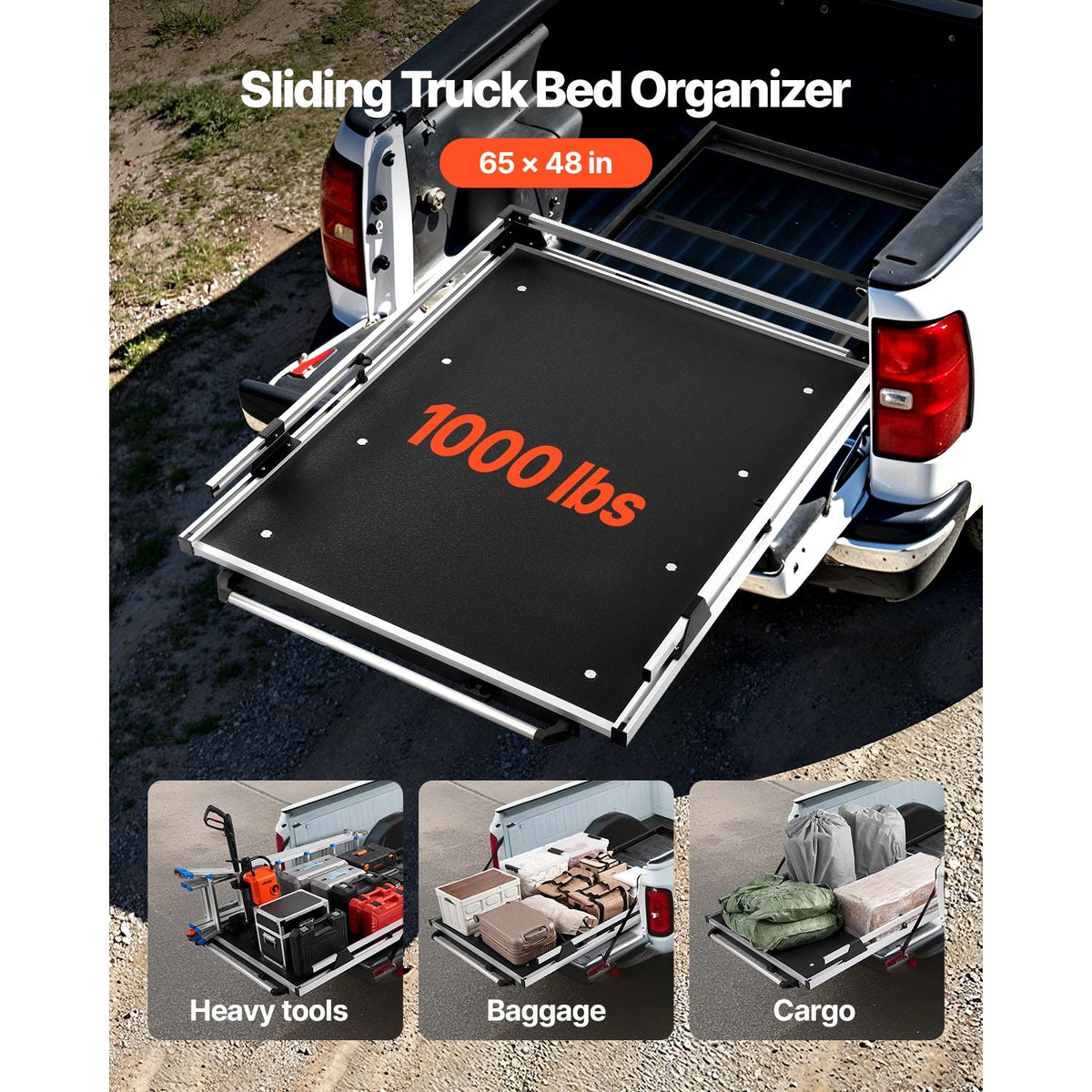 Sliding Truck Bed Organizer, 65 x 48-Inch Heavy Duty Truck Bed Storage Drawer with 1000 lbs Capacity, Features 6 Movable Rings for Securing, 2-Postion Slide out Tray for Pickup Trucks, Black