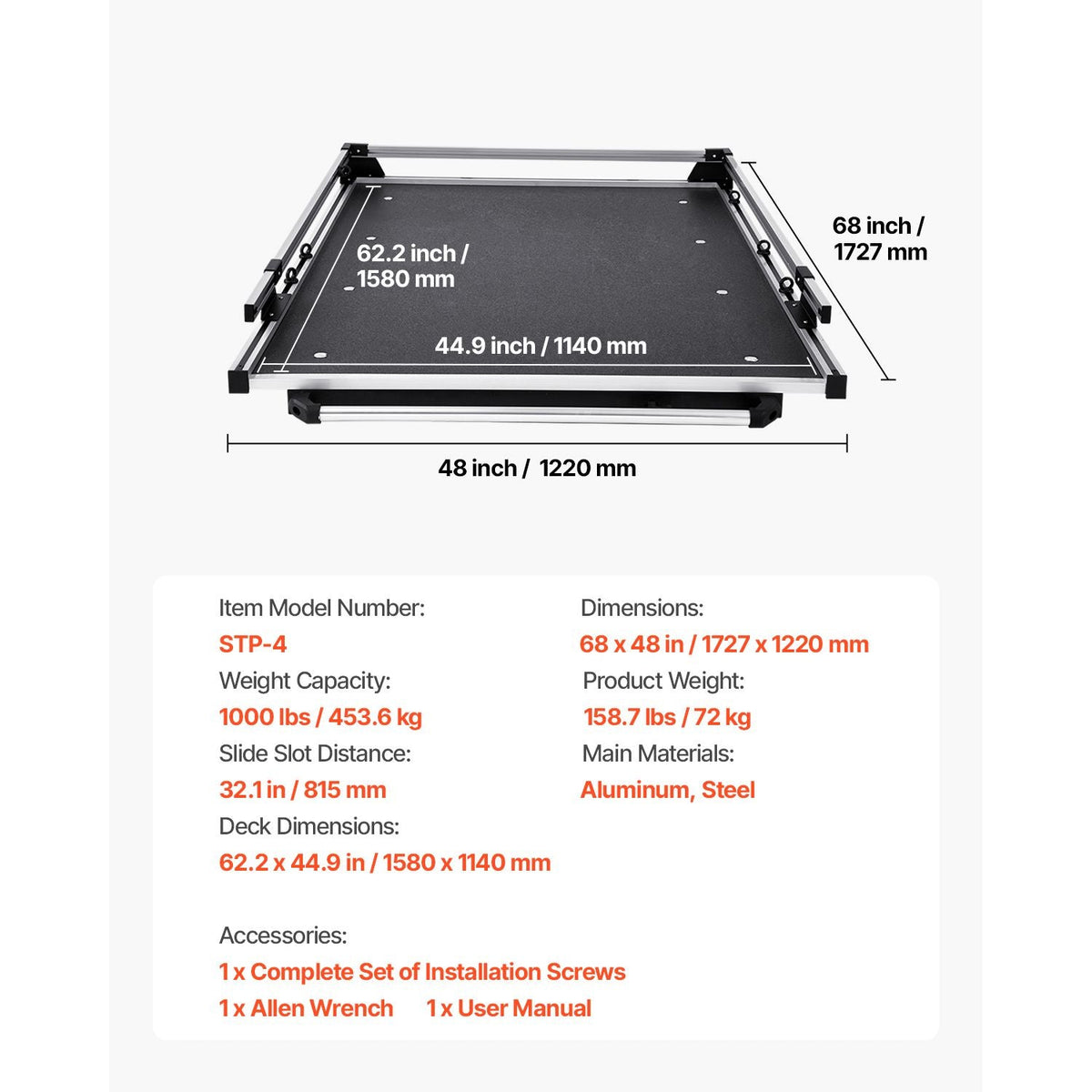 Sliding Truck Bed Organizer, 68 x 48-Inch Heavy Duty Truck Bed Storage Drawer with 1000 lbs Capacity, Features 6 Movable Rings for Securing, 2-Postion Slide out Tray for Pickup Trucks, Black