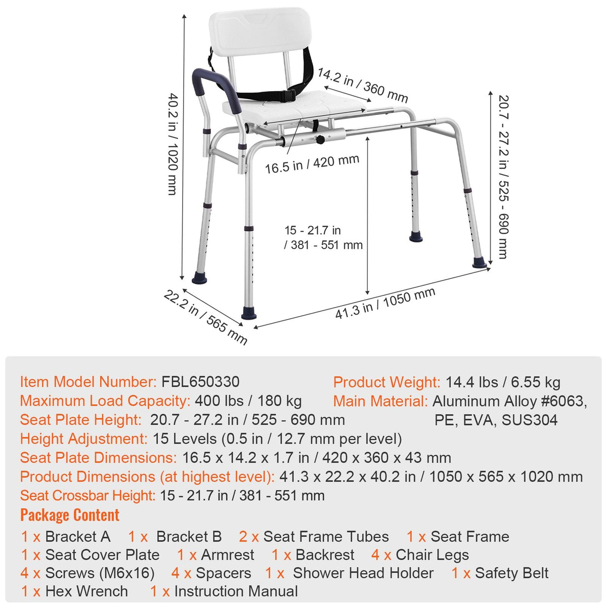 Sliding Tub Transfer Bench, Height Adjustable Bathtub Transfer Bench with Cut-Out Seat, Reversible Backrest & Safety Belt, Non-Slip Shower Chair for Elderly Disabled Handicap, 400LBS Capacity