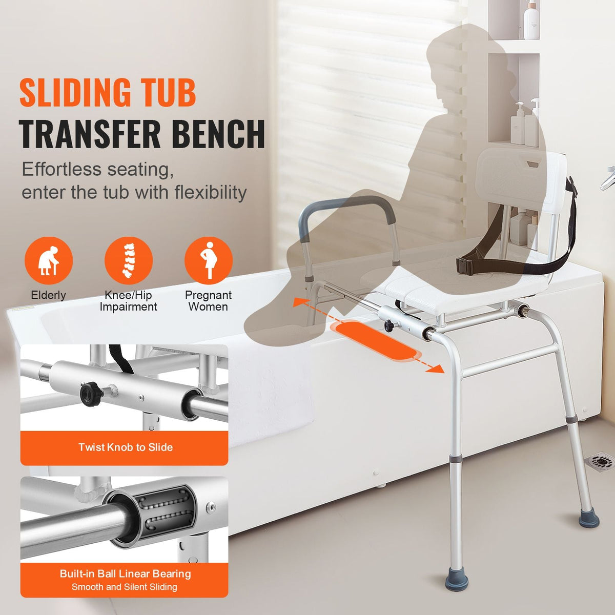 Sliding Tub Transfer Bench, Height Adjustable Bathtub Transfer Bench with Cut-Out Seat, Reversible Backrest & Safety Belt, Non-Slip Shower Chair for Elderly Disabled Handicap, 400LBS Capacity