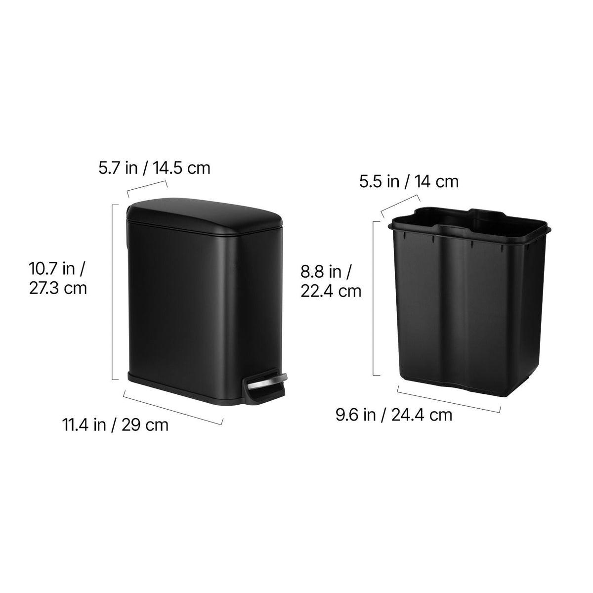 Slim Bathroom Trash Can, 11.4 x 5.71 x 10.7 Inch Small Bedroom Trashcan with Step Pedal & Soft Close Lid, 6L Steel Garbage Can with Detachable Inner Bin, for Kitchen, Home, Dorm, Office, Black
