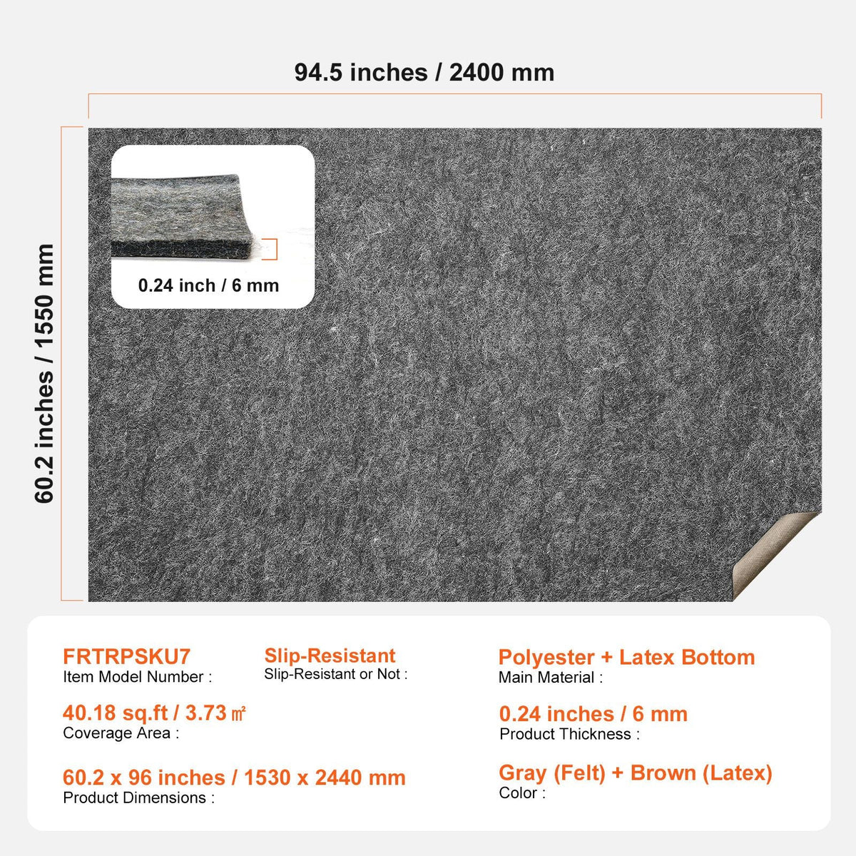 - Slip-Resistant Rug Pad - Protective Cushioning Carpet Pad - 5' x 8' - 1/4"Thick - Dual Surface - Polyester Felt + Latex - Gray - 3-4m² Area Carpet Padding Rug Cushion Safe for All Floors