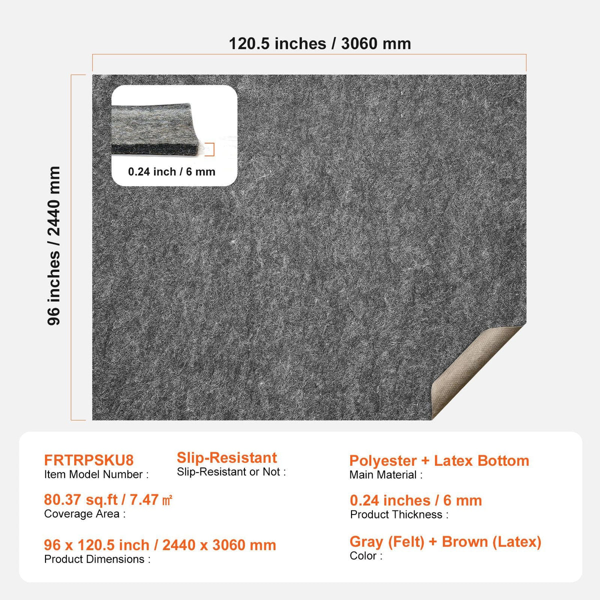 - Slip-Resistant Rug Pad - Protective Cushioning Carpet Pad - 8' x 10' - 1/4"Thick - Dual Surface - Polyester Felt + Latex - Gray - 7-8m² Area Carpet Padding Rug Cushion Safe for All Floors