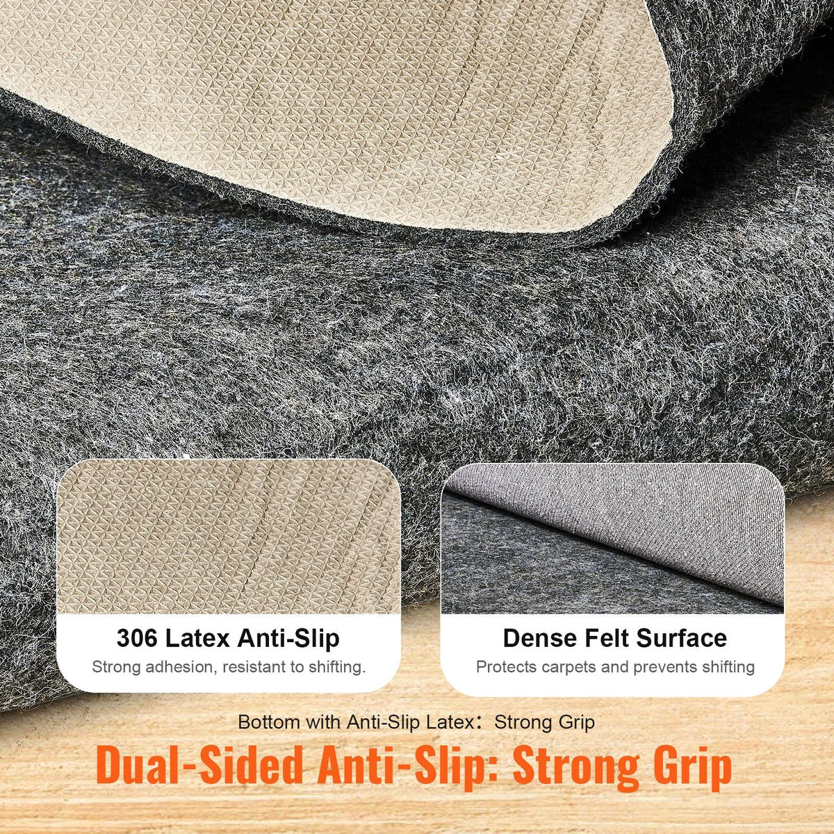 - Slip-Resistant Rug Pad - Protective Cushioning Carpet Pad - 8' x 10' - 1/4"Thick - Dual Surface - Polyester Felt + Latex - Gray - 7-8m² Area Carpet Padding Rug Cushion Safe for All Floors