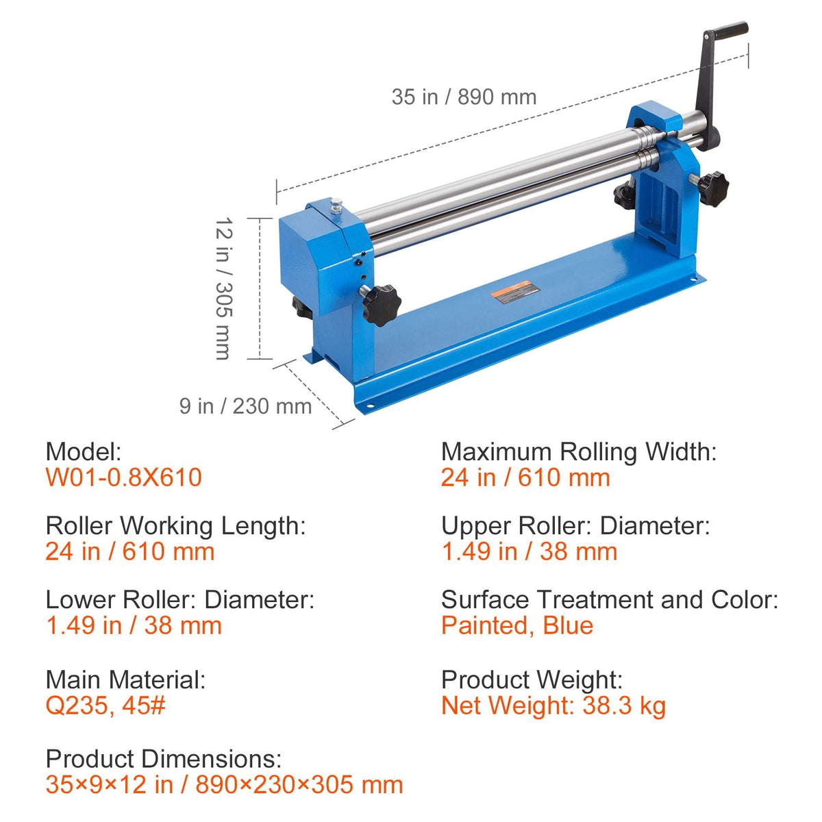 Slip Roll Machine, 24 inches Forming Width in 16 Gauge Capacity, Sheet Metal Slip Roller Rolling Bending Machine, with 2 Detachable Rollers for Low Carbon Steel Copper Sheet Aluminum Alloy Sheet