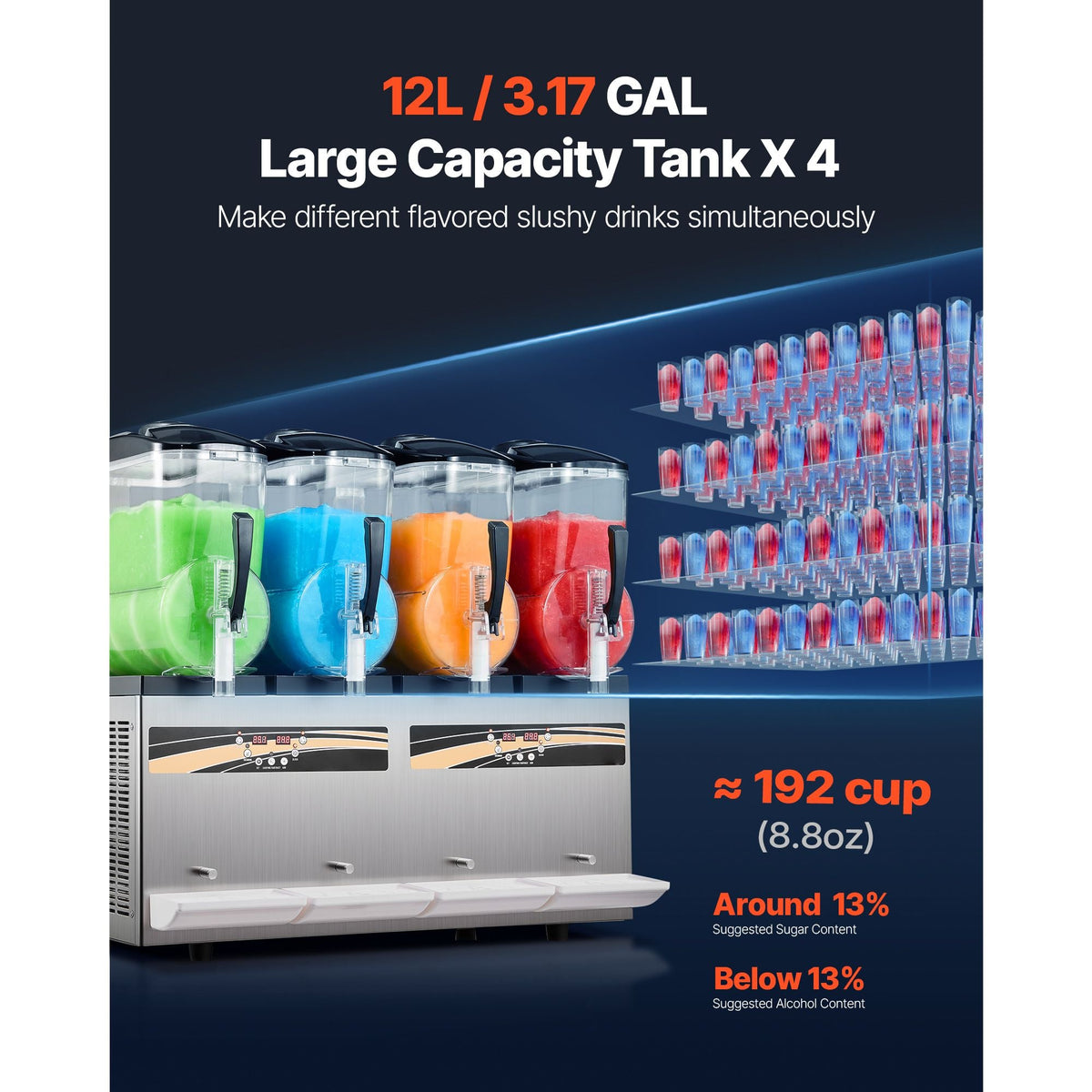 Slushie Machine, 12L/3.17Gal x 4 Tank Commercial Slushy Maker, Frozen Drink Maker with Self-Cleaning, Margarita Machine for Restaurants Bars Party for Slushie, Margaritas, Milkshake & More
