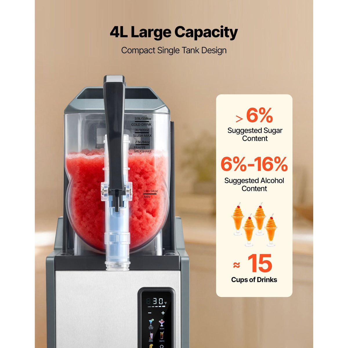 Slushie Machine, 4L/135oz No Ice Needed Slushy Machine for Home, Frozen Drink Maker with Single Tank, Margarita Machine with Self-Cleaning, for Frozen Margaritas, Frappés, Milkshake & More