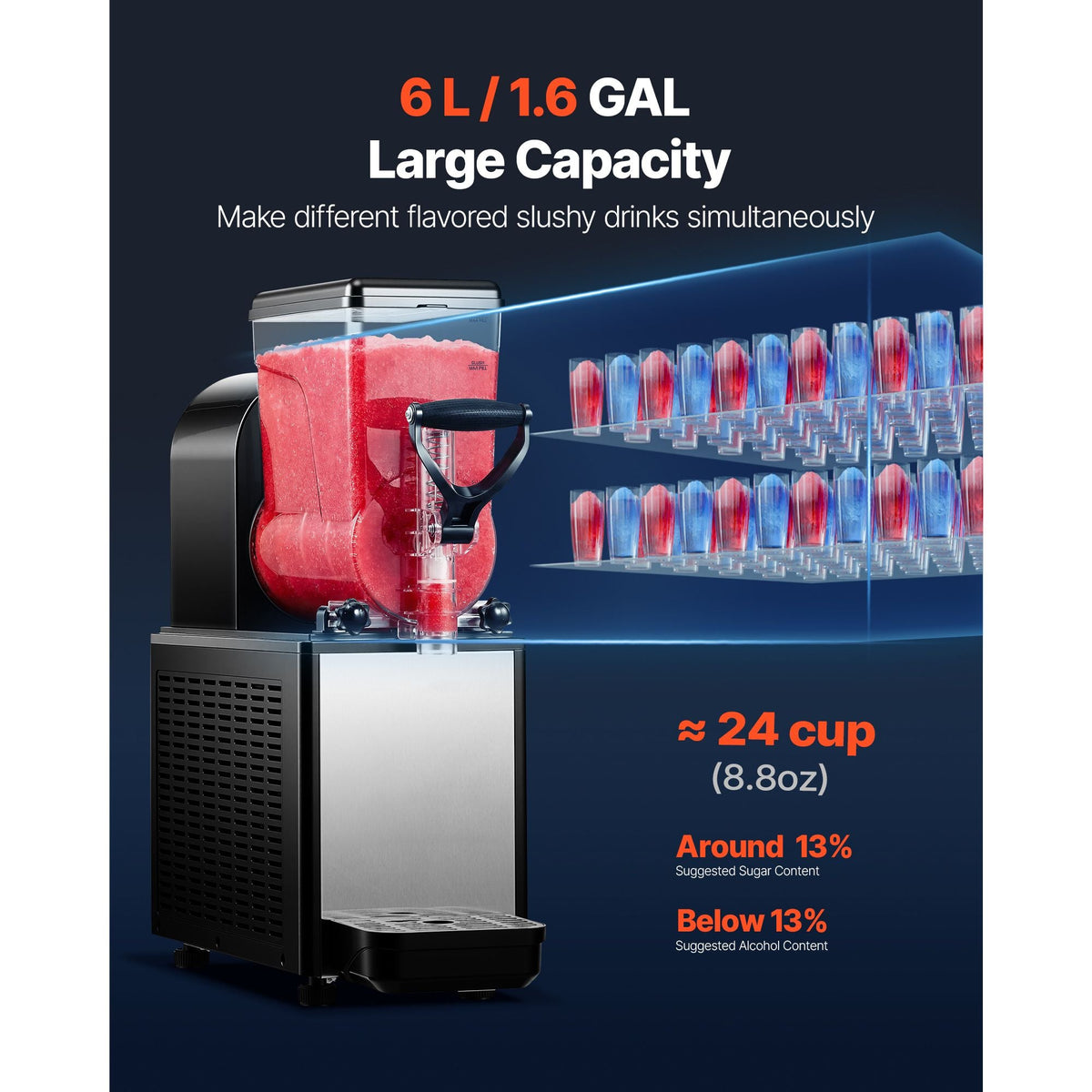 Slushie Machine, 6L/1.6Gal Commercial Slushy Maker, Frozen Drink Maker with Self-Cleaning, Margarita Machine for Restaurants Bars Party for Slushie, Margaritas, Milkshake & More