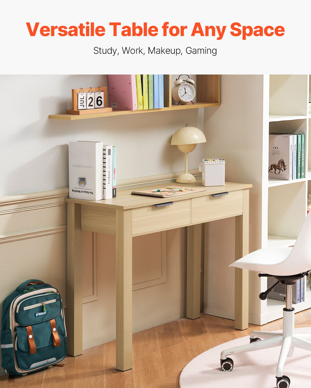 Small Desk with Drawers, Kids Desk for Bedroom, Modern Simple Study Table for Drawing, Reading, Writing, Rectangle MDF Furniture Study Storage Table for Home, Office, Light Wood