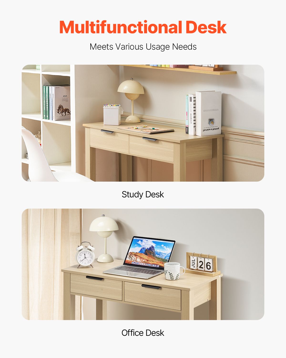 Small Desk with Drawers, Kids Desk for Bedroom, Modern Simple Study Table for Drawing, Reading, Writing, Rectangle MDF Furniture Study Storage Table for Home, Office, Light Wood