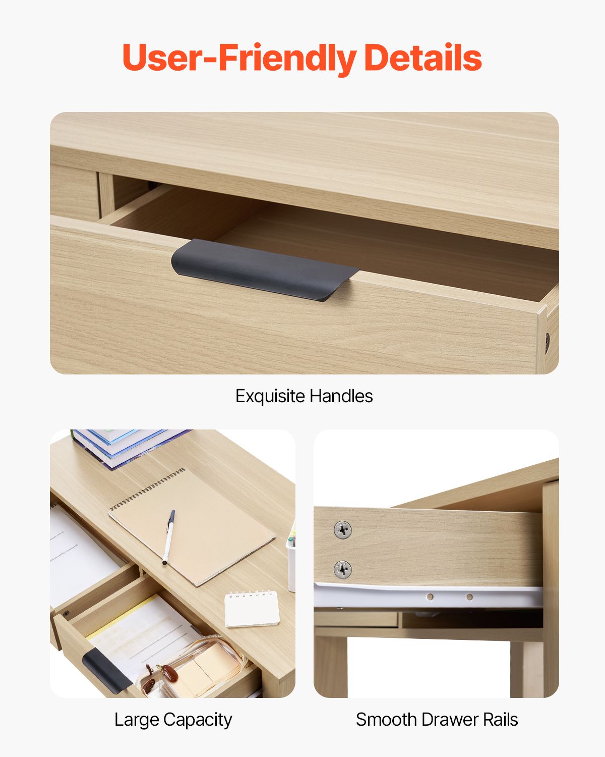 Small Desk with Drawers, Kids Desk for Bedroom, Modern Simple Study Table for Drawing, Reading, Writing, Rectangle MDF Furniture Study Storage Table for Home, Office, Light Wood
