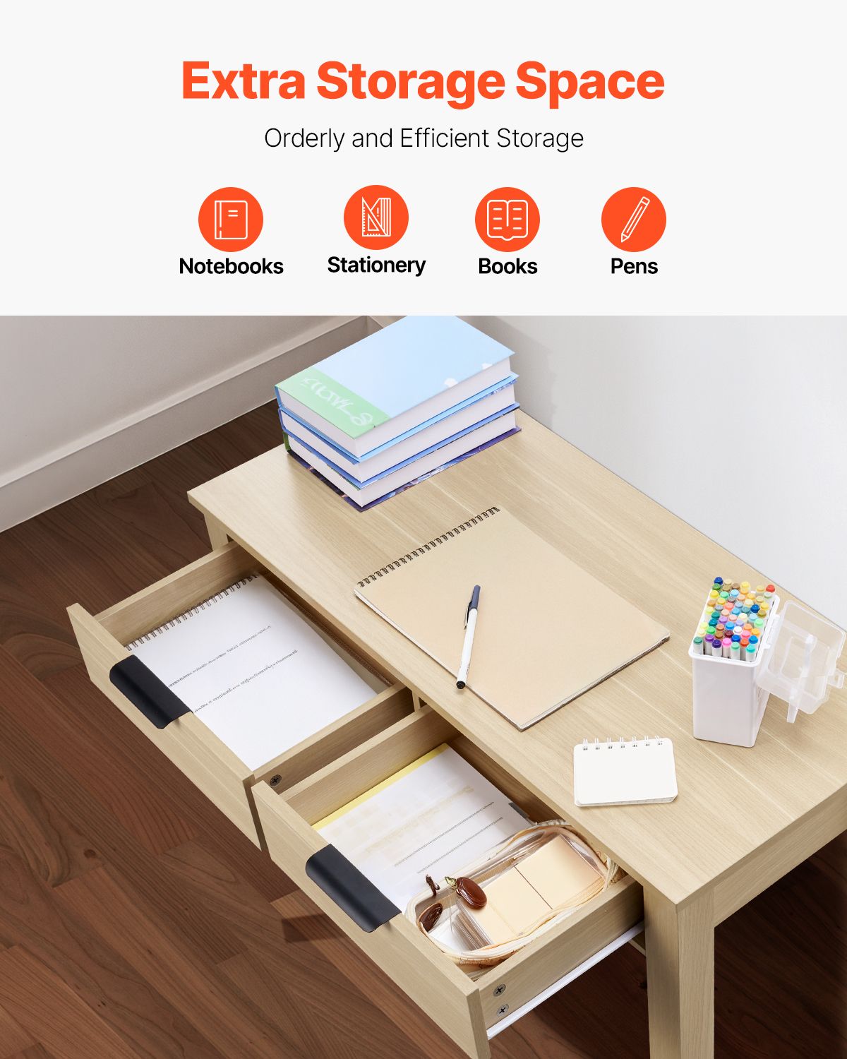 Small Desk with Drawers, Kids Desk for Bedroom, Modern Simple Study Table for Drawing, Reading, Writing, Rectangle MDF Furniture Study Storage Table for Home, Office, Light Wood