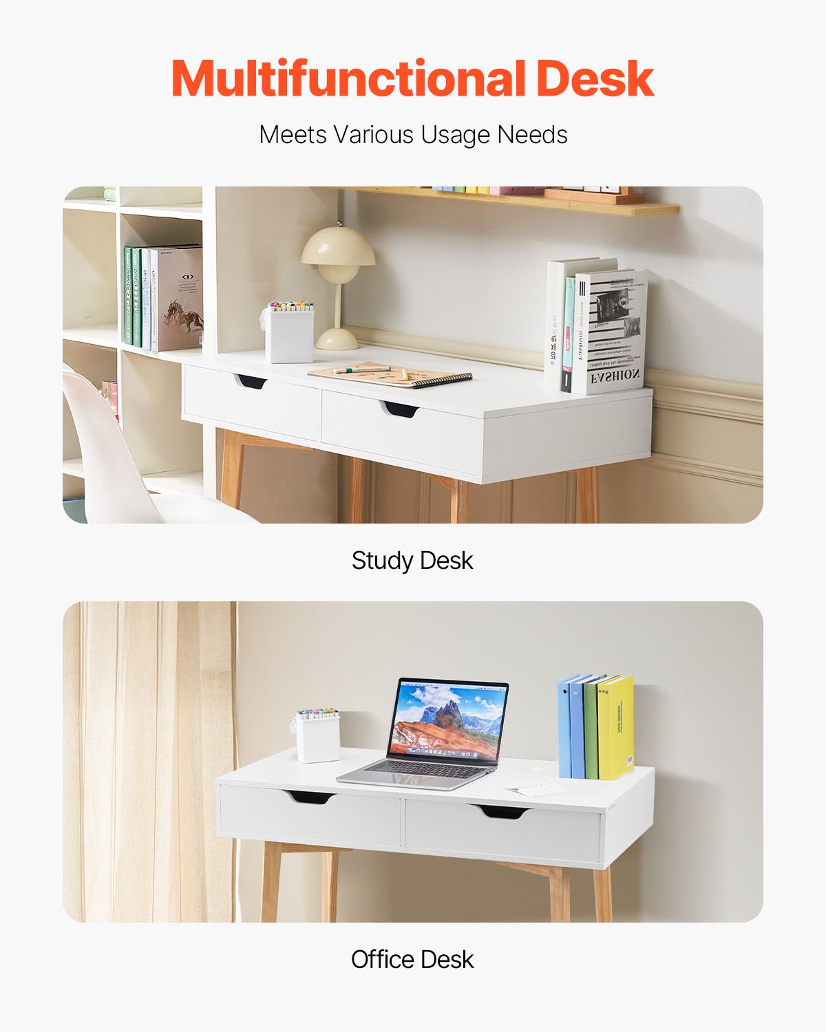 Small Desk with Drawers, Kids Desk for Bedroom, Wooden Simple Study Table for Drawing, Reading, Writing, Rectangle MDF Furniture Study Storage Table for Home, Office, White + Wood
