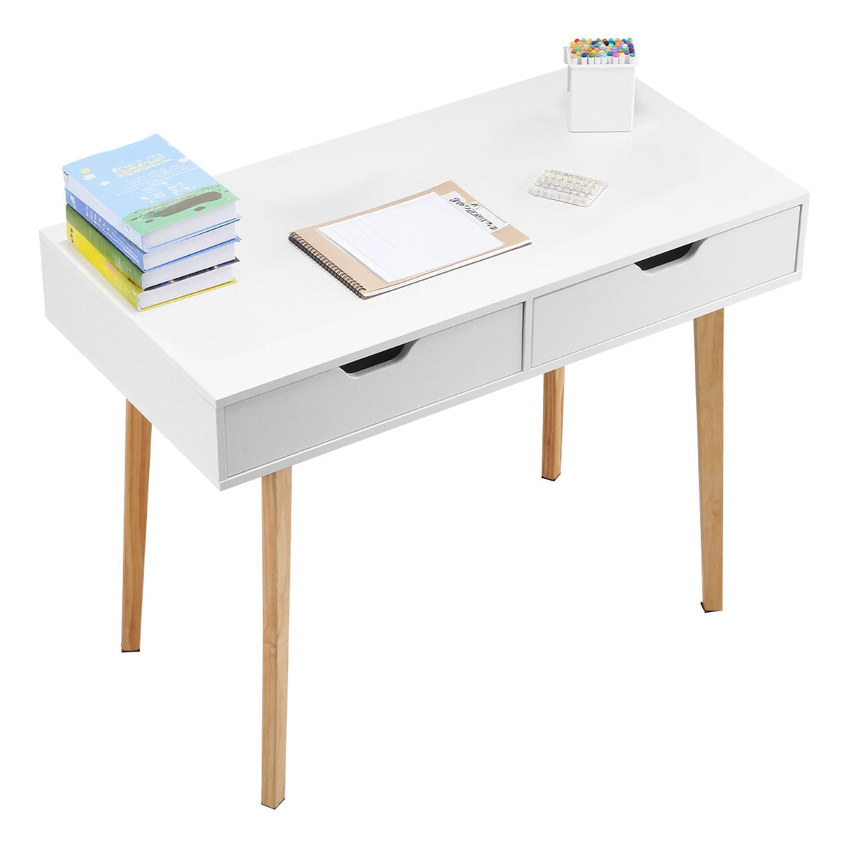 Small Desk with Drawers, Kids Desk for Bedroom, Wooden Simple Study Table for Drawing, Reading, Writing, Rectangle MDF Furniture Study Storage Table for Home, Office, White + Wood
