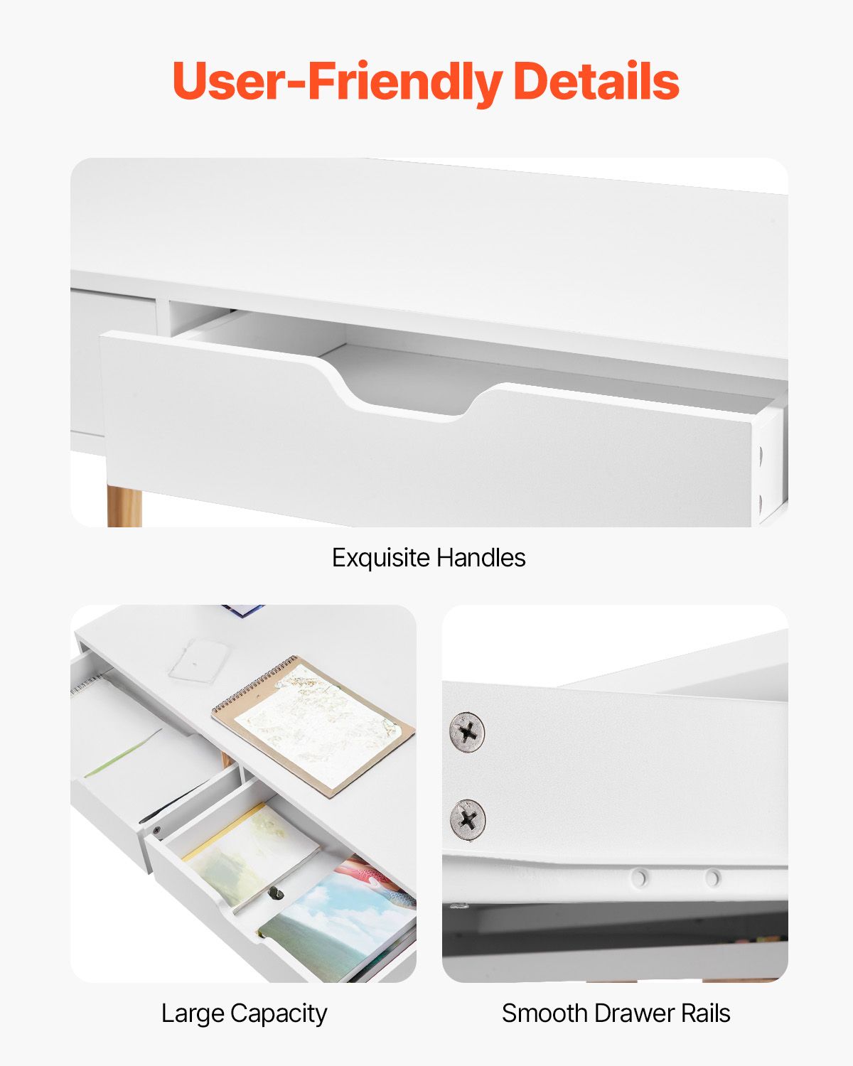 Small Desk with Drawers, Kids Desk for Bedroom, Wooden Simple Study Table for Drawing, Reading, Writing, Rectangle MDF Furniture Study Storage Table for Home, Office, White + Wood
