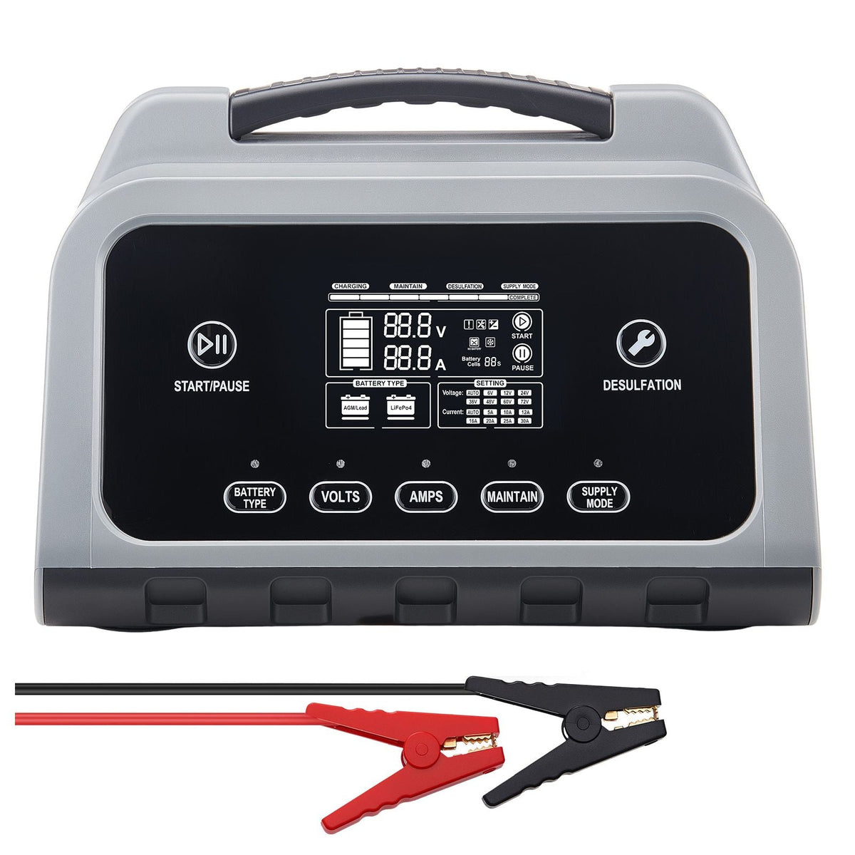 Smart Battery Charger, 12A, 6V 12V 24V 36V 48V Lithium LiFePO4 Lead-Acid (Gel / AGM) Car Battery Charger, with LCD Display, Trickle Charging Maintainer Desulfator, for Car, Boat, Motorcycle