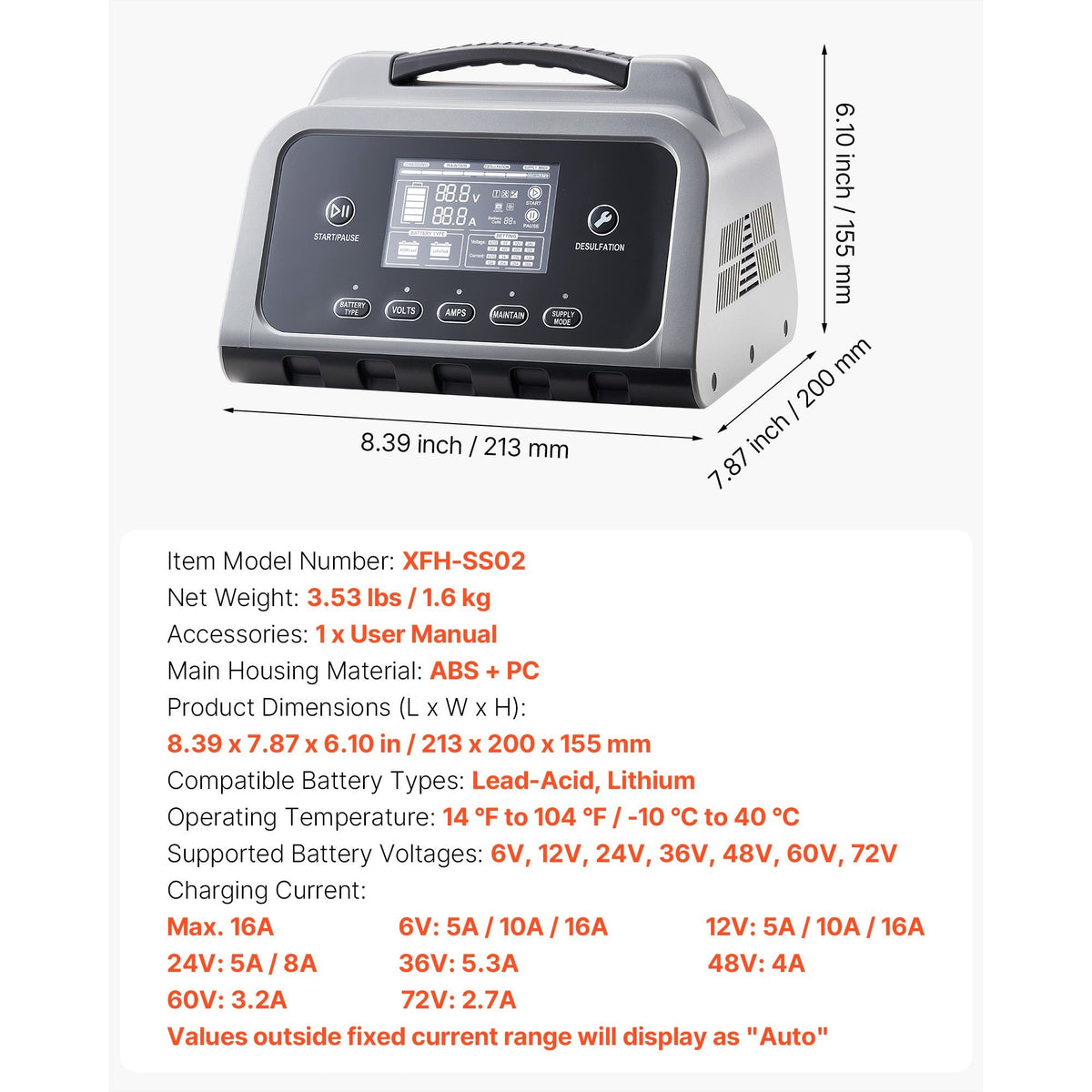 Smart Battery Charger, 16A, 6V 12V 24V 36V 48V 60V 72V Lithium LiFePO4 Lead-Acid (Gel/AGM) Car Battery Charger, with LCD Display, Trickle Charging Maintainer Desulfator, for Car Boat Motorcycle
