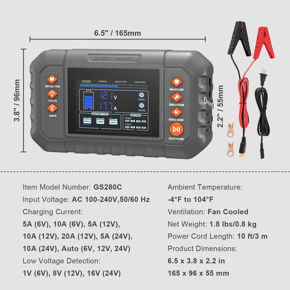 Smart Battery Charger, 20-Amp, Lithium LiFePO4 Lead-Acid (AGM / Gel / SLA) Car Battery Charger with LCD Display, Trickle Charger Maintainer Desulfator for Boat Motorcycle Lawn Mower Deep Cycle