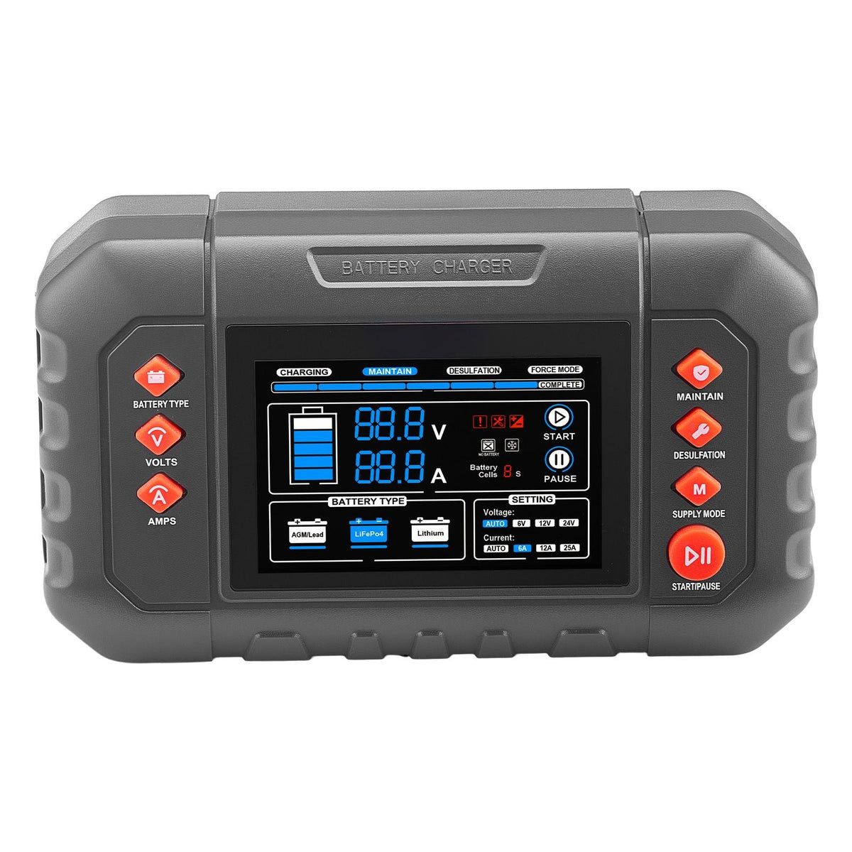 Smart Battery Charger, 25A, 6V 12V 24V Ternary Lithium LiFePO4 Lead-Acid (Gel/AGM) Battery Charger, with 3.4-Inch LCD Display, Trickle Charging Maintainer Desulfator, for Car, Boat, Motorcycle