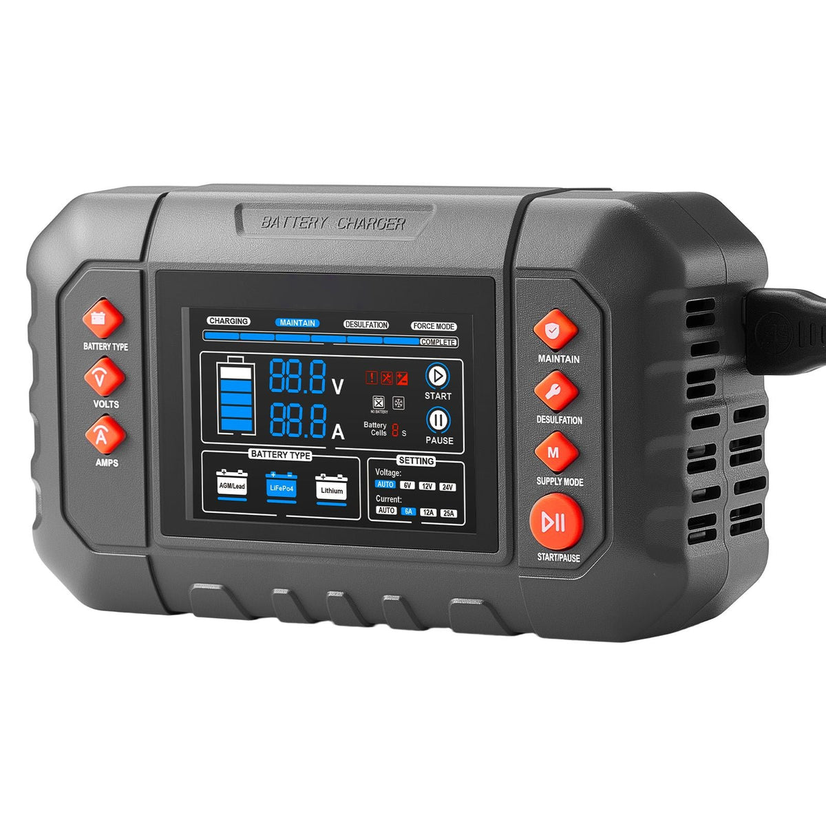 Smart Battery Charger, 25A, 6V 12V 24V Ternary Lithium LiFePO4 Lead-Acid (Gel/AGM) Battery Charger, with 3.4-Inch LCD Display, Trickle Charging Maintainer Desulfator, for Car, Boat, Motorcycle