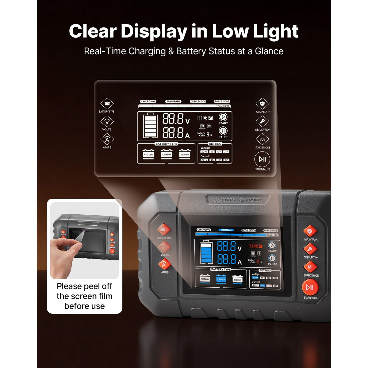 Smart Battery Charger, 25A, 6V 12V 24V Ternary Lithium LiFePO4 Lead-Acid (Gel/AGM) Battery Charger, with 3.4-Inch LCD Display, Trickle Charging Maintainer Desulfator, for Car, Boat, Motorcycle