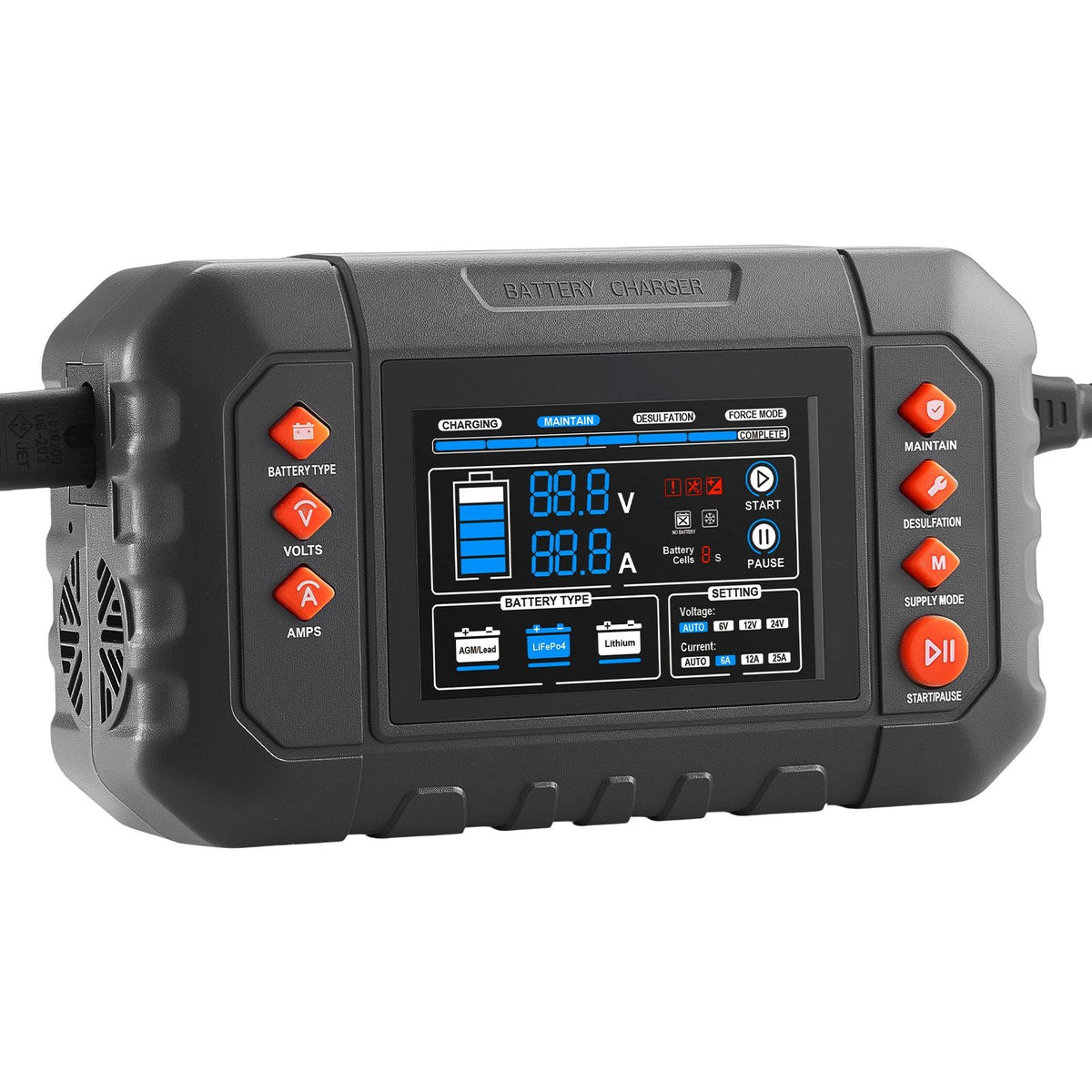 Smart Battery Charger, 25A, 6V 12V 24V Ternary Lithium LiFePO4 Lead-Acid (Gel/AGM) Battery Charger, with 3.4-Inch LCD Display, Trickle Charging Maintainer Desulfator, for Car, Boat, Motorcycle