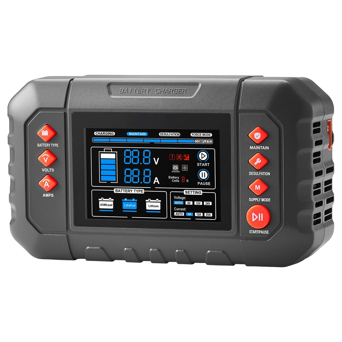 Smart Battery Charger, 25A, 6V 12V 24V Ternary Lithium LiFePO4 Lead-Acid (Gel/AGM) Battery Charger, with 3.4-Inch LCD Display, Trickle Charging Maintainer Desulfator, for Car, Boat, Motorcycle