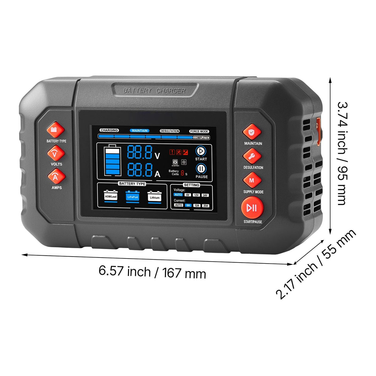 Smart Battery Charger, 25A, 6V 12V 24V Ternary Lithium LiFePO4 Lead-Acid (Gel/AGM) Battery Charger, with 3.4-Inch LCD Display, Trickle Charging Maintainer Desulfator, for Car, Boat, Motorcycle