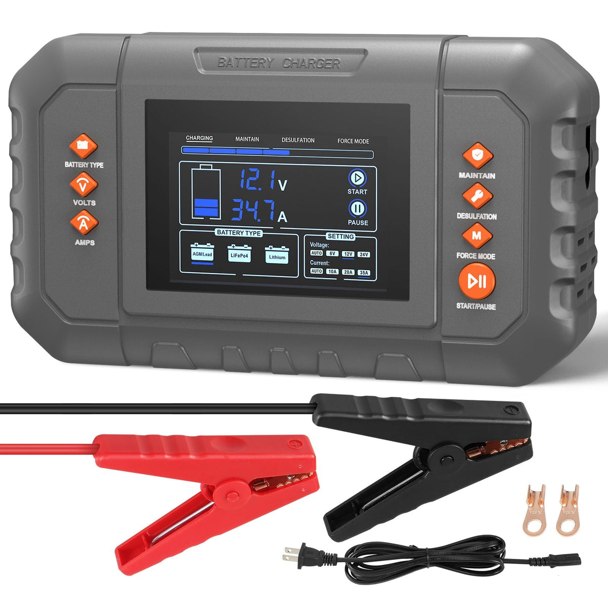 Smart Battery Charger, 35-Amp, Lithium LiFePO4 Lead-Acid (AGM / Gel / SLA) Car Battery Charger with LCD Display, Trickle Charger Maintainer Desulfator for Boat Motorcycle Lawn Mower Deep Cycle